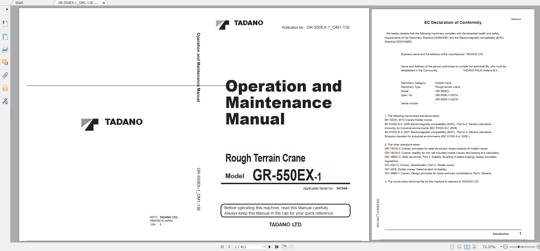 Tadano Rough Terrain Crane GR 550EX 1 GR 550E 1 00214 Operation Maintance Manual 1