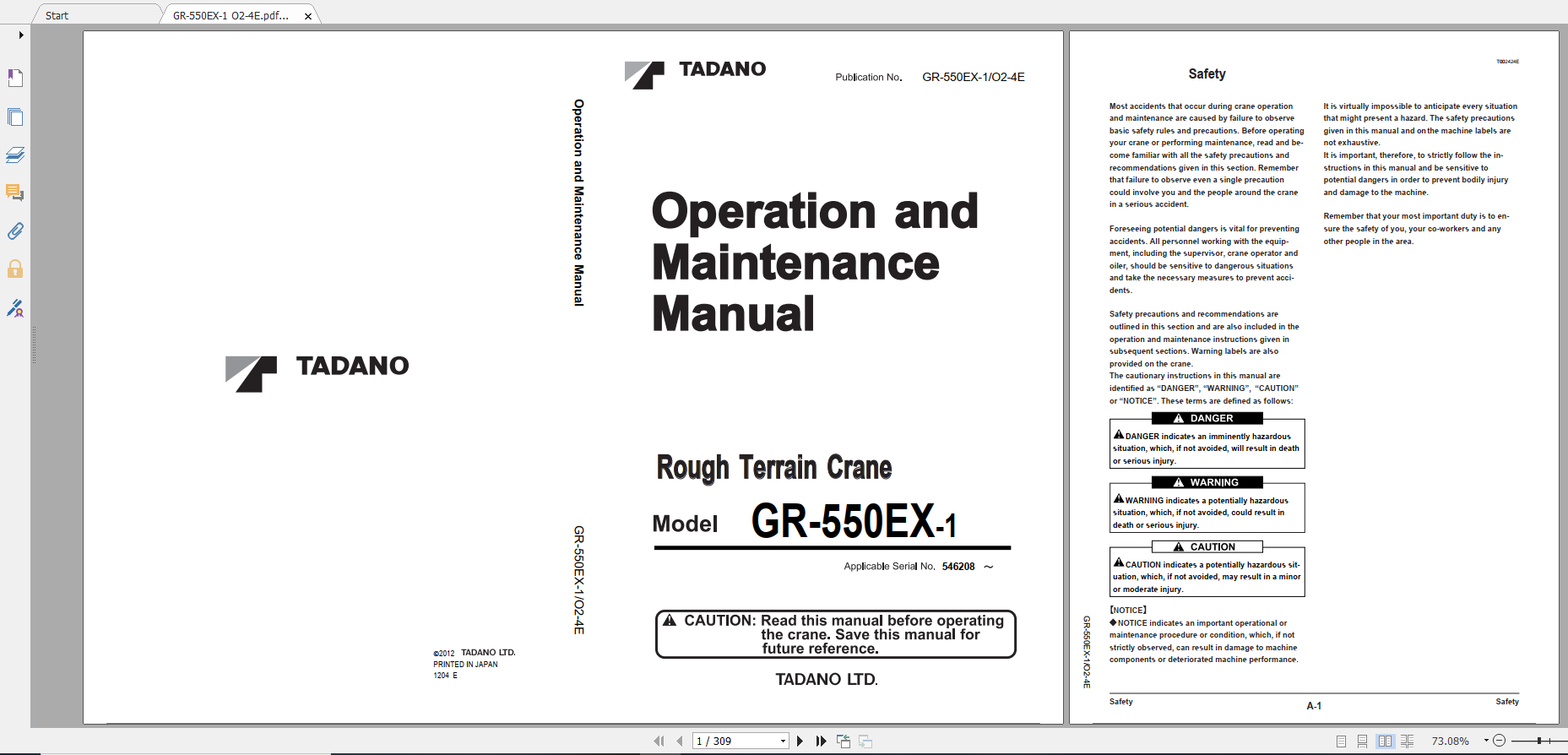 Tadano Rough Terrain Crane GR 550EX 1 GR 550E 1 00215 Operation Maintance Manual 1