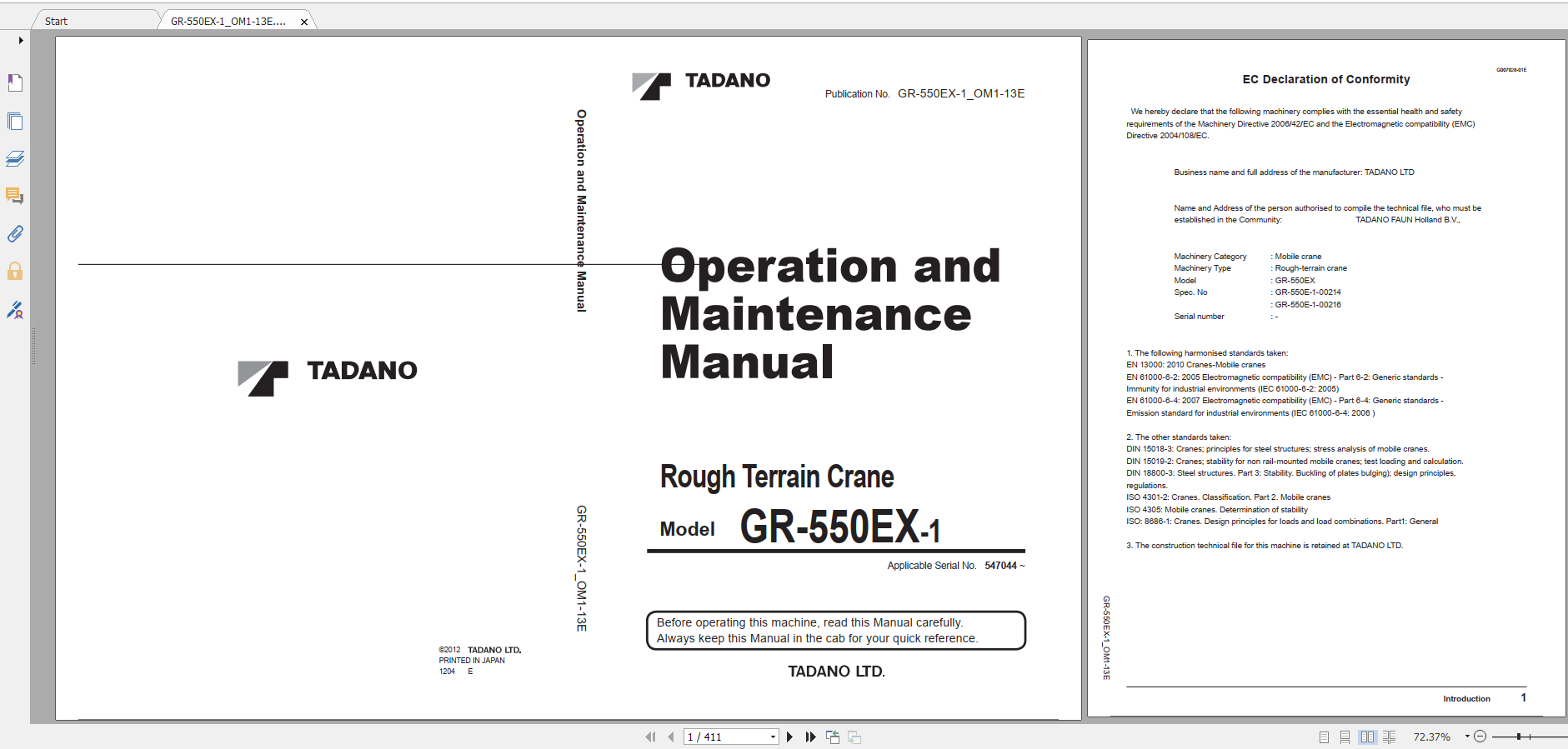 Tadano Rough Terrain Crane GR 550EX 1 GR 550E 1 00216 Operation Maintance Manual 1