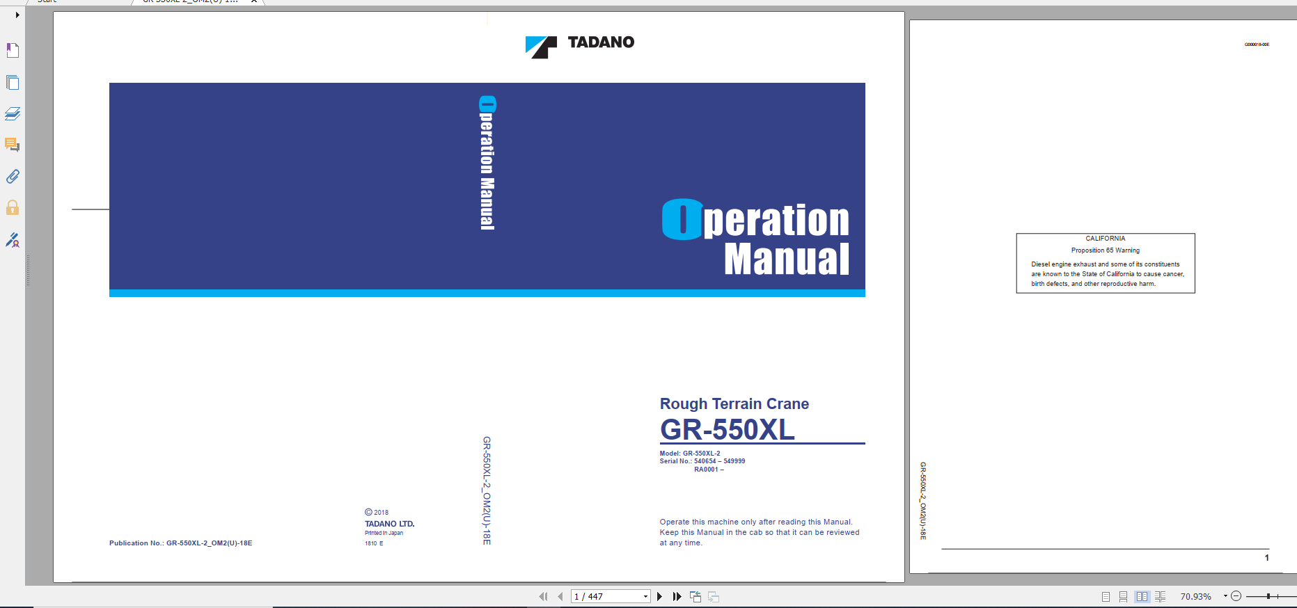 Tadano Rough Terrain Crane GR 550XL 2 GR 550 2 00201 Operation Maintance Manual 1