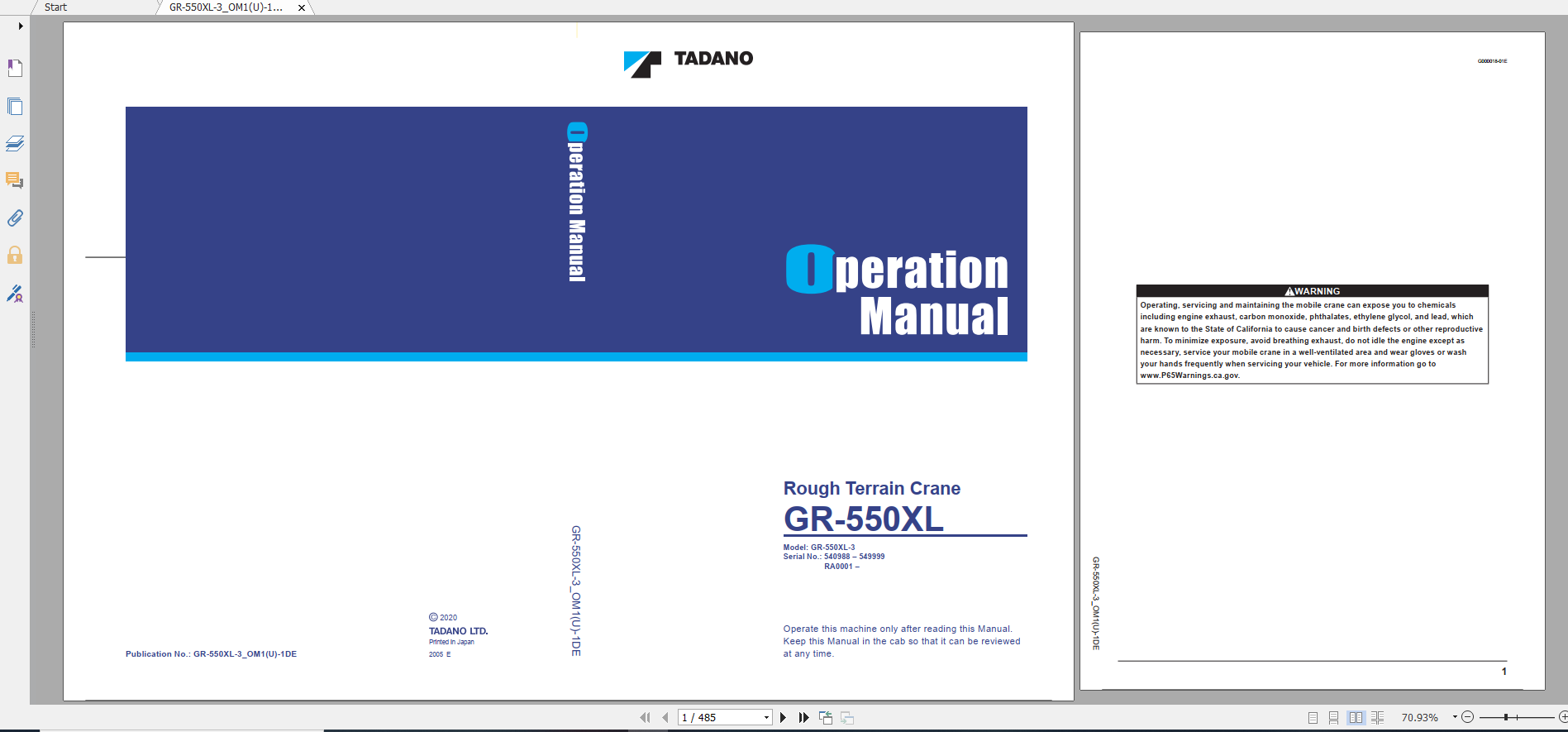 Tadano Rough Terrain Crane GR 550XL 3 GR 550 3 00311 Operation Maintance Manual 1