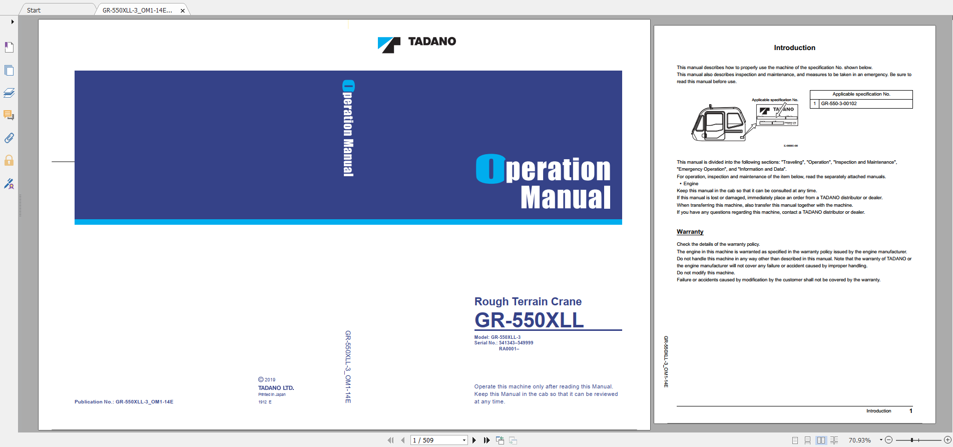 Tadano Rough Terrain Crane GR 550XLL 3 GR 550 3 00102 Operation Maintance Manual 1