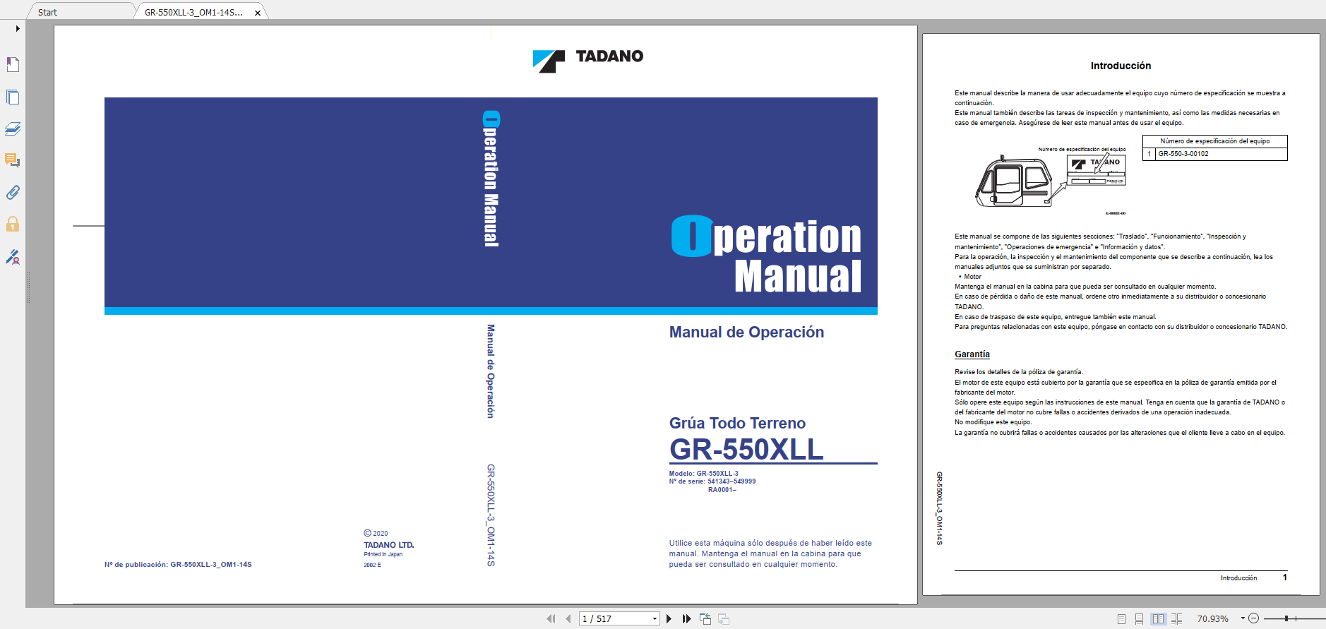 Tadano Rough Terrain Crane GR 550XLL 3 GR 550 3 00102 ES Operation Maintance Manual ES 1