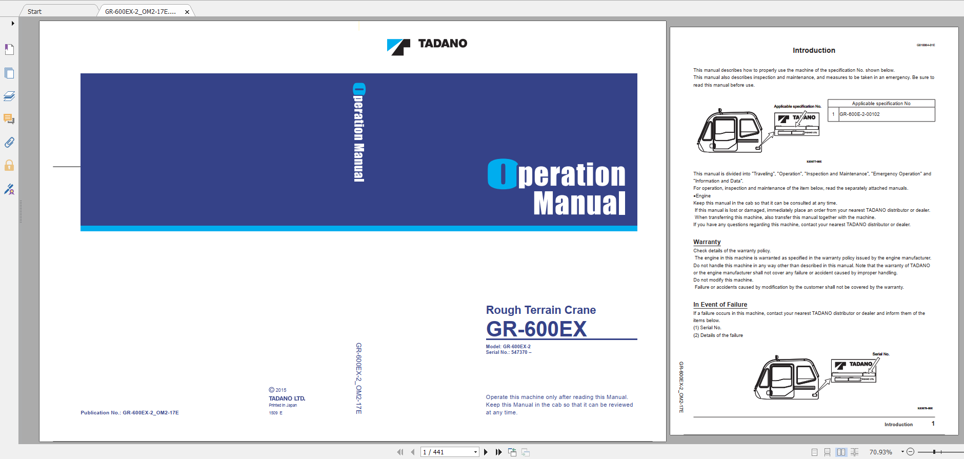 Tadano Rough Terrain Crane GR 600EX 2 GR 600E 2 00102 Operation Maintance Manual 1
