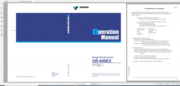 Tadano Rough Terrain Crane GR 600EX 2 GR 600E 2 00201 Operation Maintance Manual 1