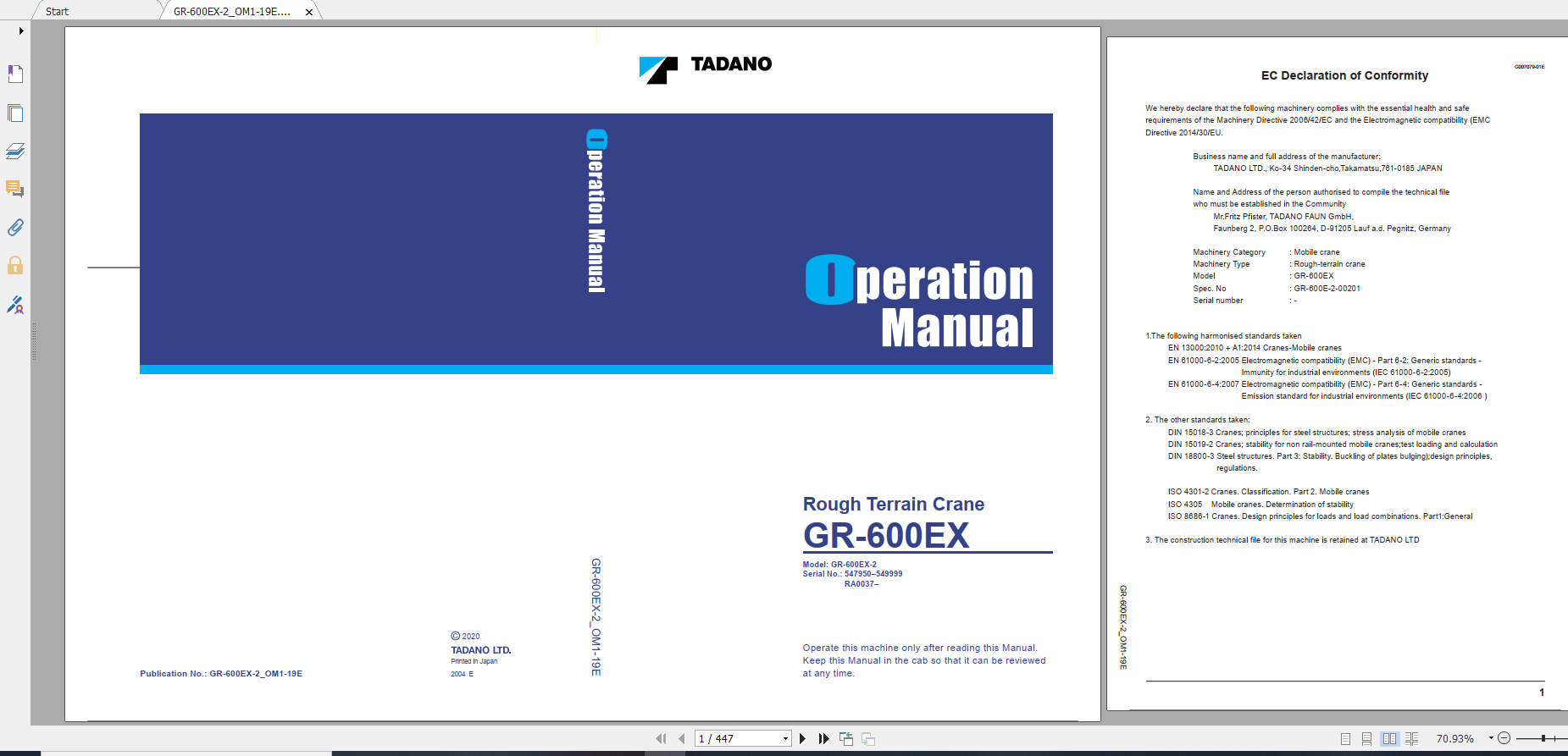 Tadano Rough Terrain Crane GR 600EX 2 GR 600E 2 00201 Operation Maintance Manual 1