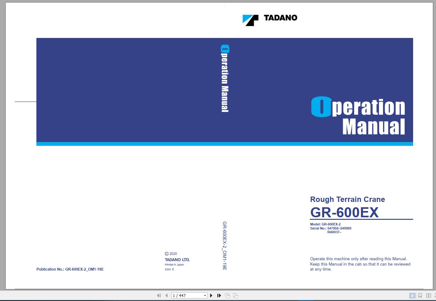 Tadano Rough Terrain Crane GR 600EX 2 Service Manual Circuit Diagram Operator Manual Parts Catalog 5