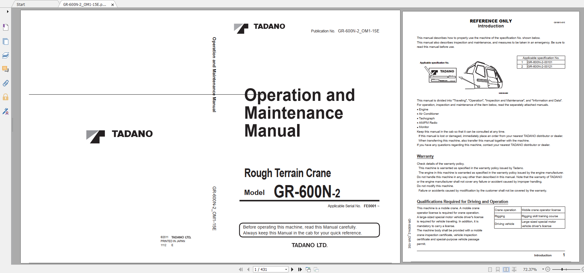 Tadano Rough Terrain Crane GR 600N4A 2 GR 600N 2 00121 Operation Maintance Manual 1
