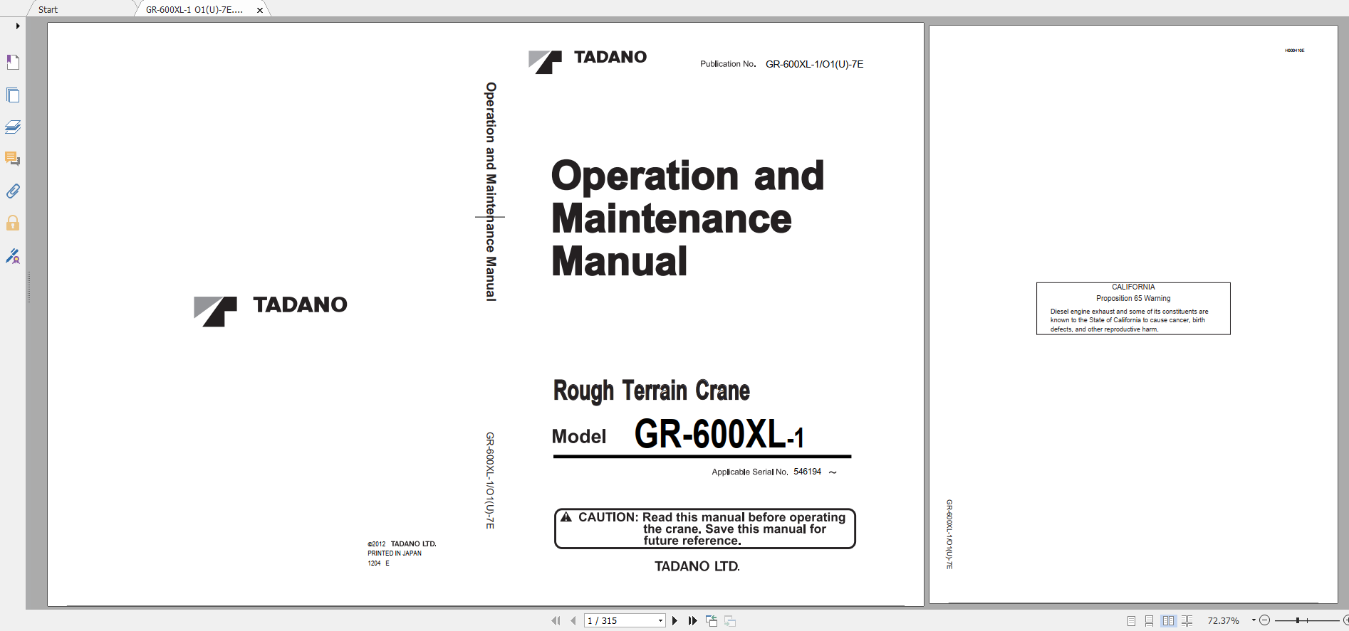 Tadano Rough Terrain Crane GR 600XL 1 GR 600 1 00213 Operation Maintance Manual 1