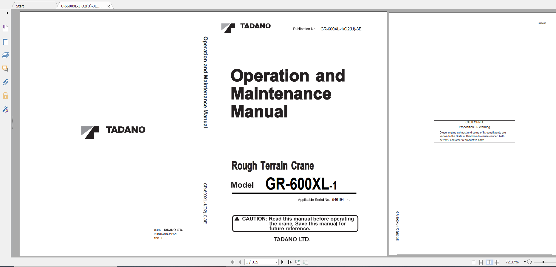 Tadano Rough Terrain Crane GR 600XL 1 GR 600 1 00214 Operation Maintance Manual 1