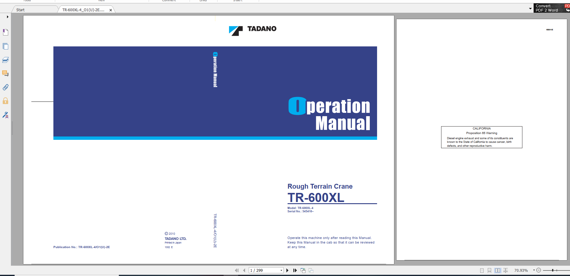 Tadano Rough Terrain Crane GR 600XL 1 TR 600XL 4 O1U 2E Operation Maintance Manual 1