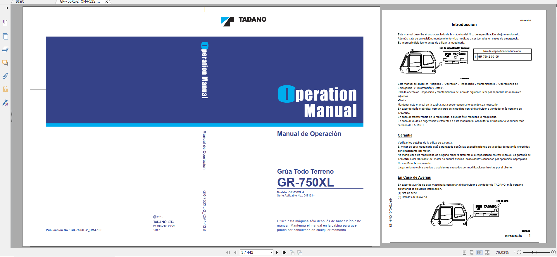 Tadano Rough Terrain Crane GR 750XL 2 GR 750 2 00105 Operation Maintance Manual 1