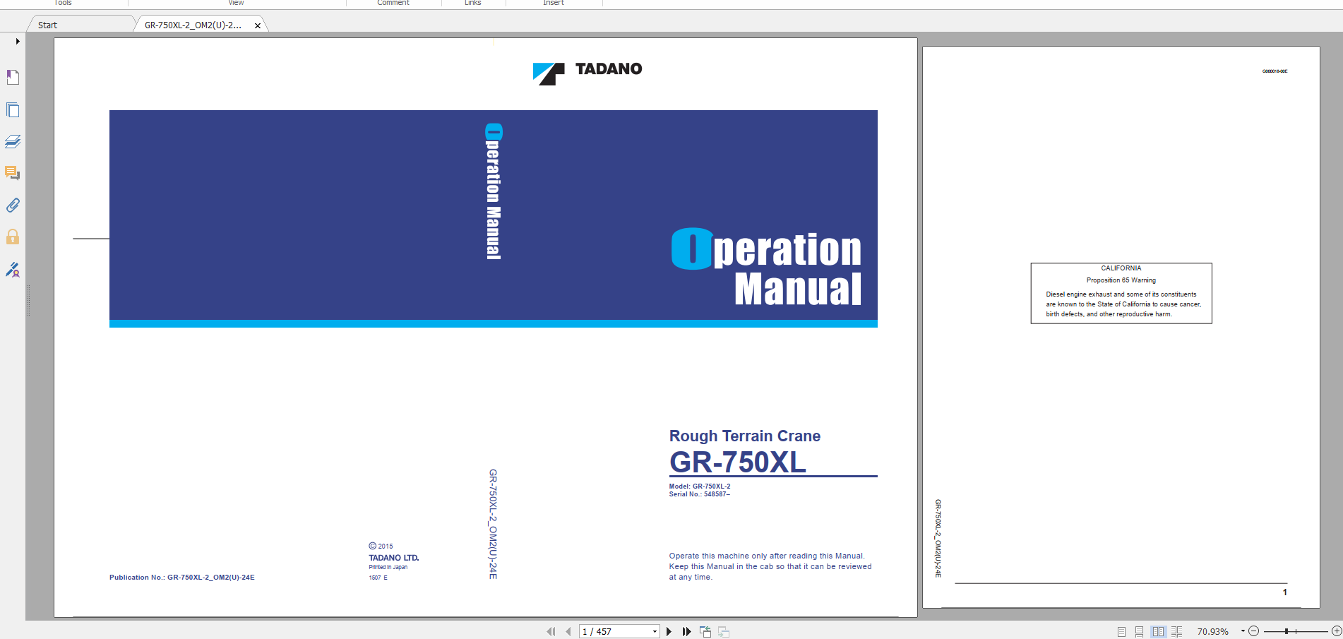 Tadano Rough Terrain Crane GR 750XL 2 GR 750 2 00201 Operation Maintance Manual 1