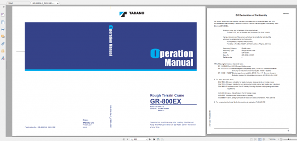 Tadano Rough Terrain Crane GR 800EX 2 GR 800E 2 00201 Operation Maintance Manual 1