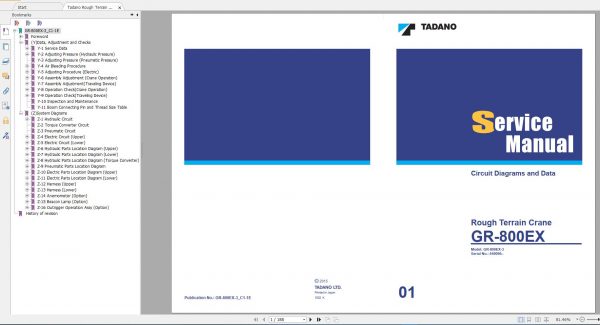 Tadano Rough Terrain Crane GR 800EX 3 Service Manual Circuit Diagram Operator Manual Parts Catalog 1