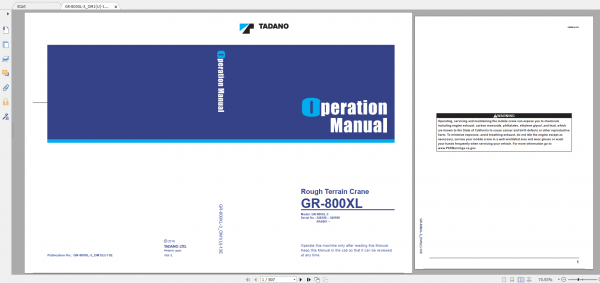 Tadano Rough Terrain Crane GR 800XL 3 GR 800 3 00311 Operation Maintance Manual 1