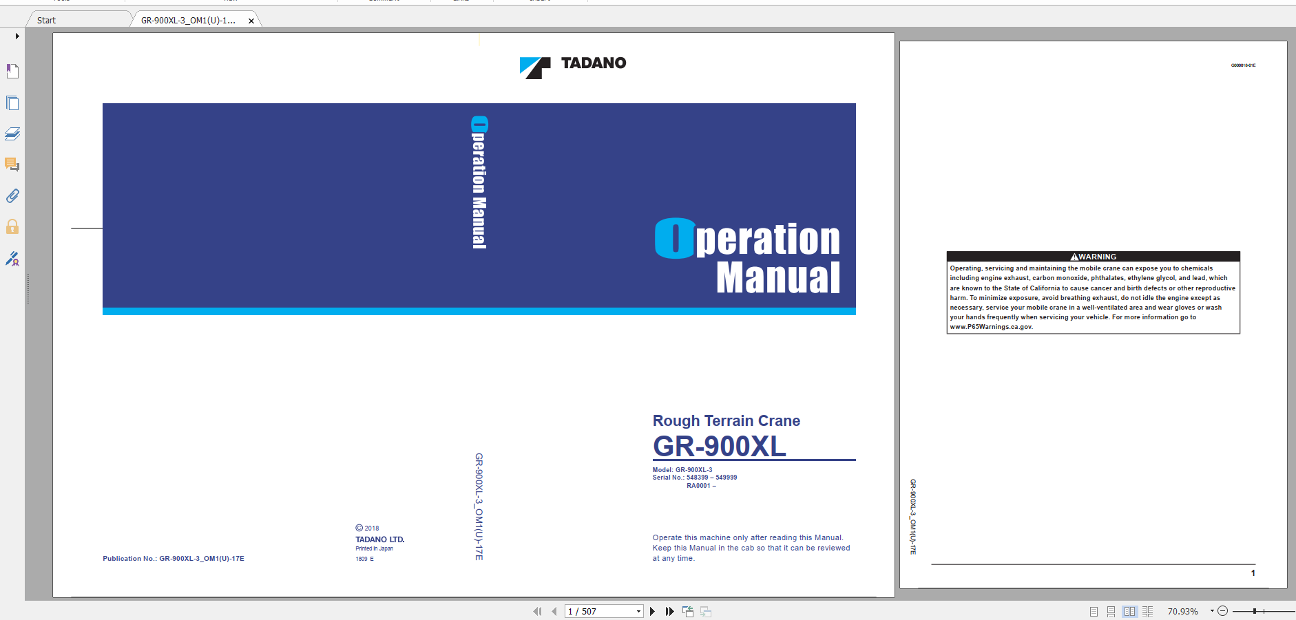 Tadano Rough Terrain Crane GR 900XL 3 GR 900 3 00311 Operation Maintance Manual 1