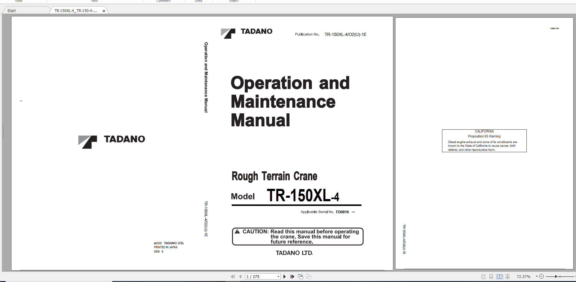 Tadano Rough Terrain Crane TR 150XL 4 TR 150 4 00102 Operation Maintance Manual 1