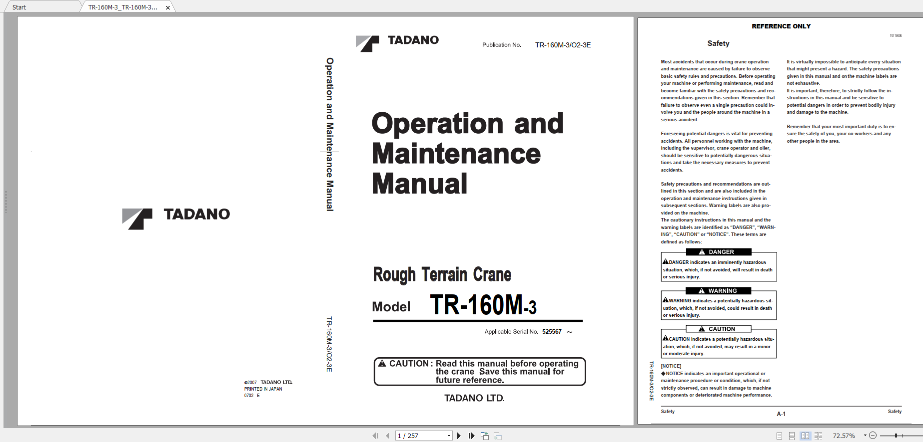 Tadano Rough Terrain Crane TR 160M 3 TR 160M 3 00101 Operation Maintance Manual 1