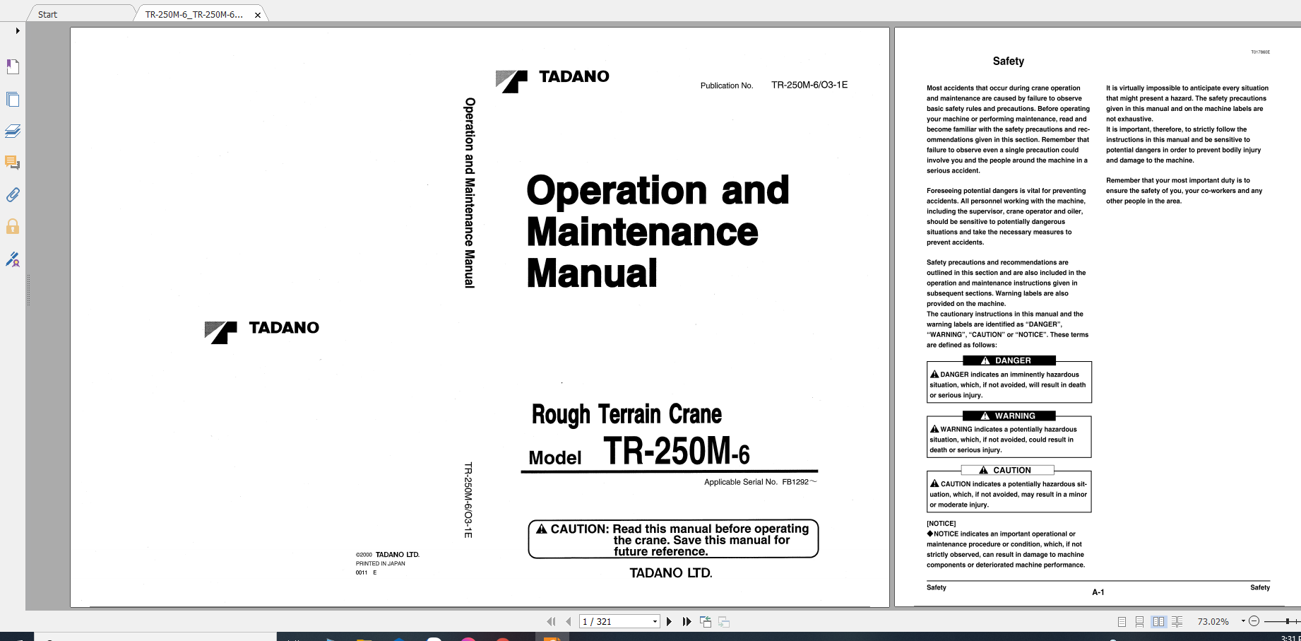 Tadano Rough Terrain Crane TR 250M 6 TR 250M 6 00101 Operation Maintance Manual 1
