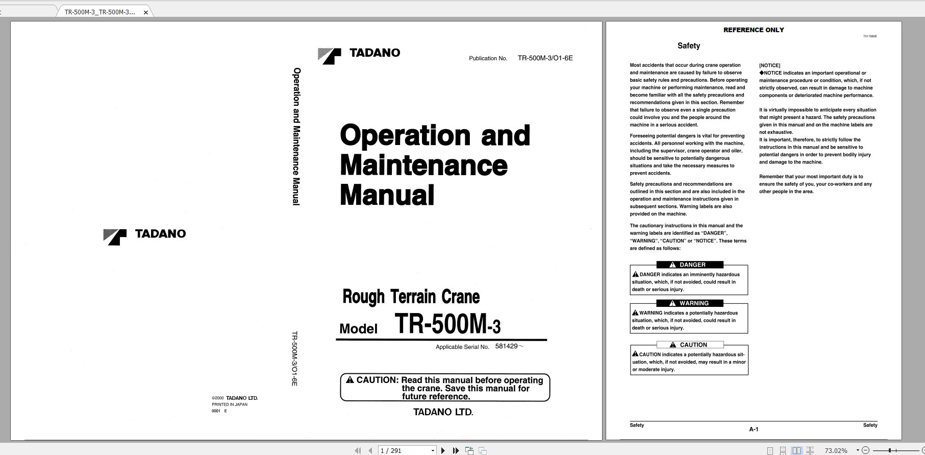 Tadano Rough Terrain Crane TR 500M 3 TR 500M 3 00101 Operation Maintance Manual 1