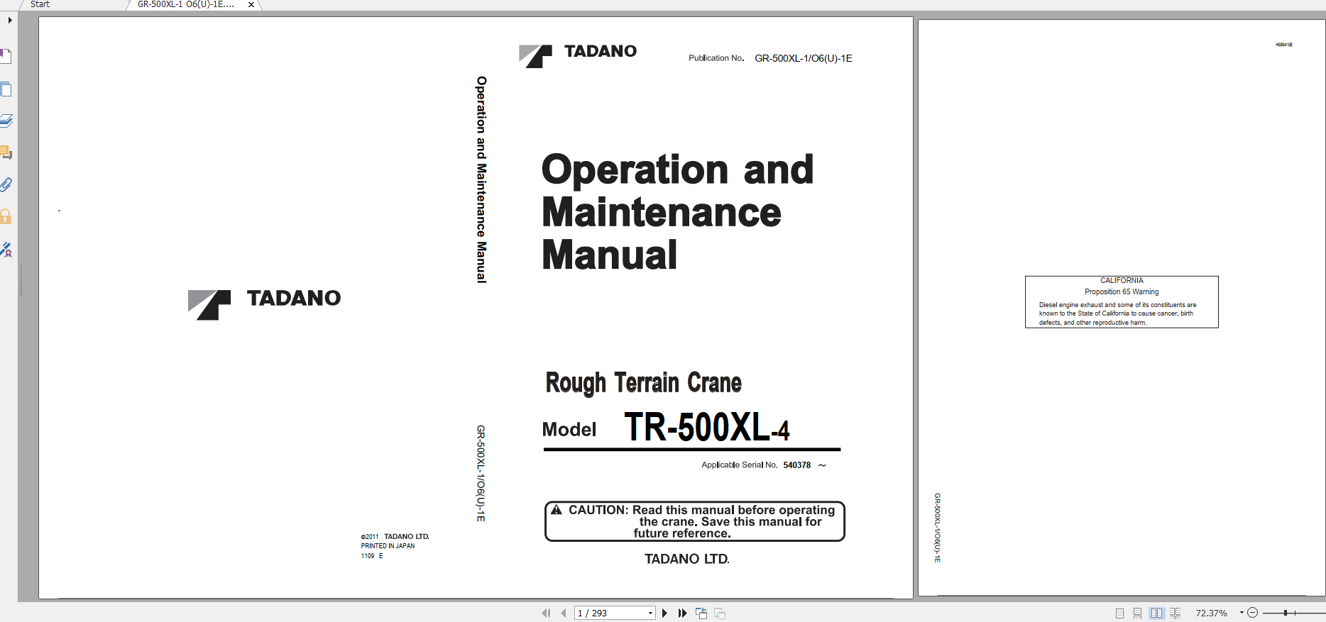Tadano Rough Terrain Crane TR 500XL 4 GR 500 1 00104 Operation Maintance Manual 1