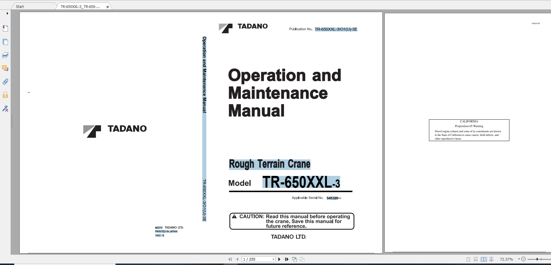Tadano Rough Terrain Crane TR 650XXL 3 TR 650 3 00101 Operation Maintance Manual 1