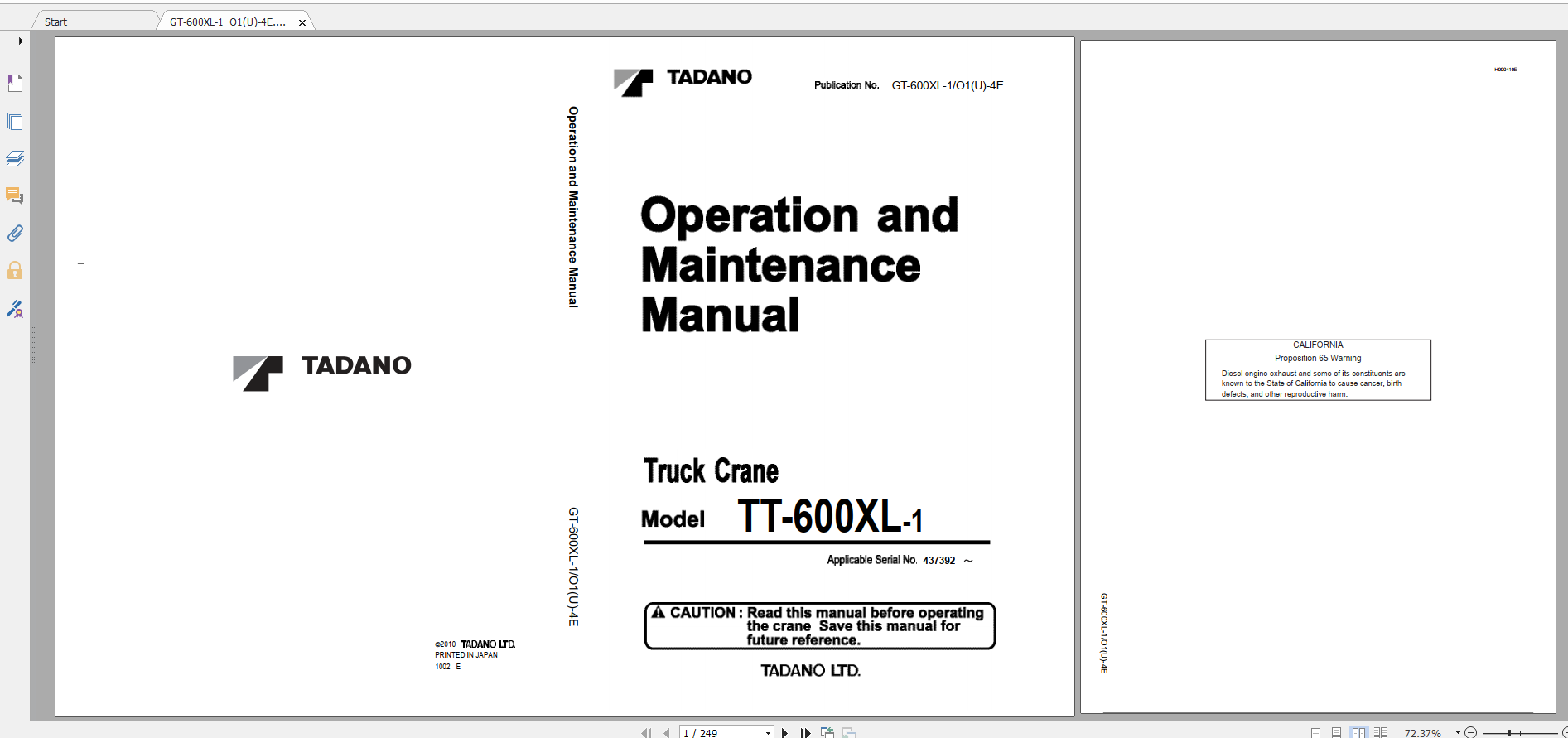 Tadano Truck Crane GT 600XL 1 GT 600 1 90102 Operation Maintance Manual 1