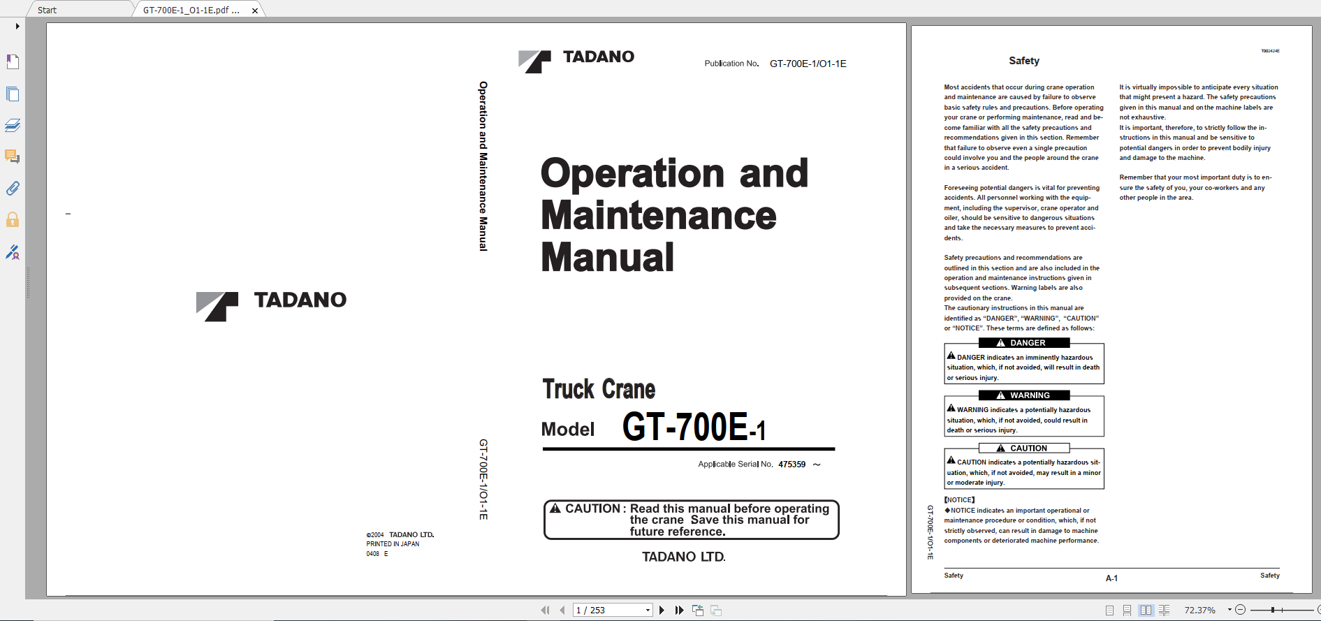 Tadano Truck Crane GT 700E 1 GT 700E 1 90102 Operation Maintance Manual 1