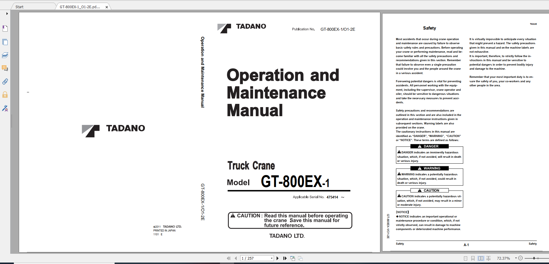 Tadano Truck Crane GT 800EX 1 GT 800E 1 90102 Operation Maintance Manual 1