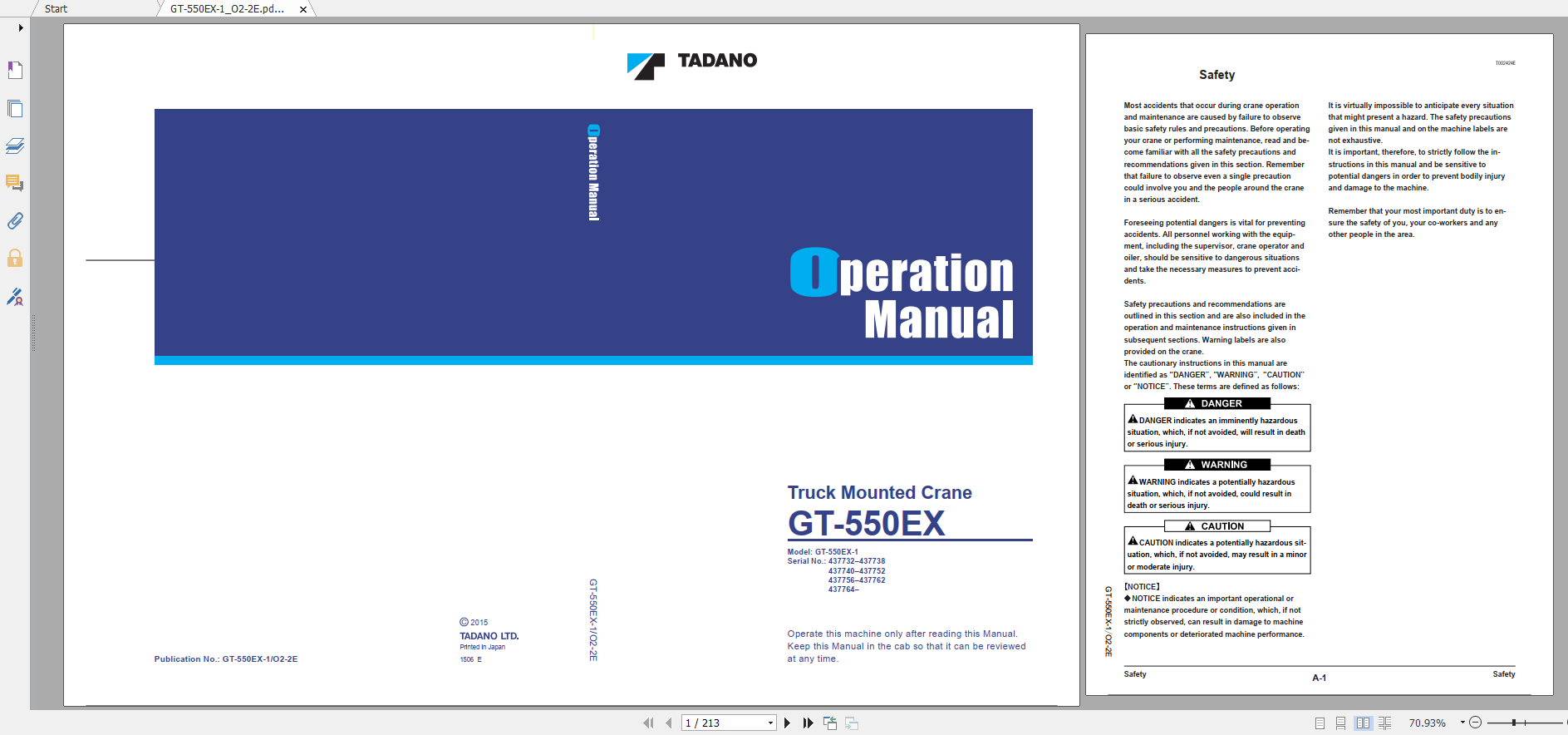 Tadano Truck Mounted Crane GT 550EX 1 GT 550E 1 00202 Operation Maintance Manual 1