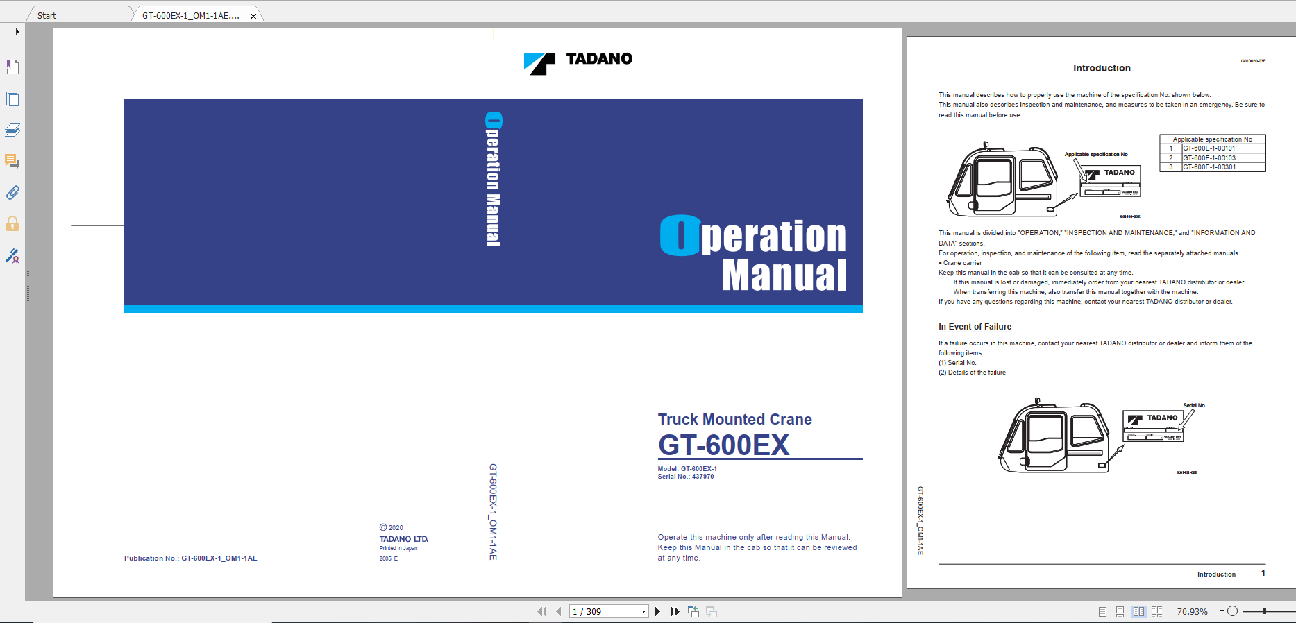 Tadano Truck Mounted Crane GT 600EX 1 GT 600E 1 00103 Operation Maintance Manual 1