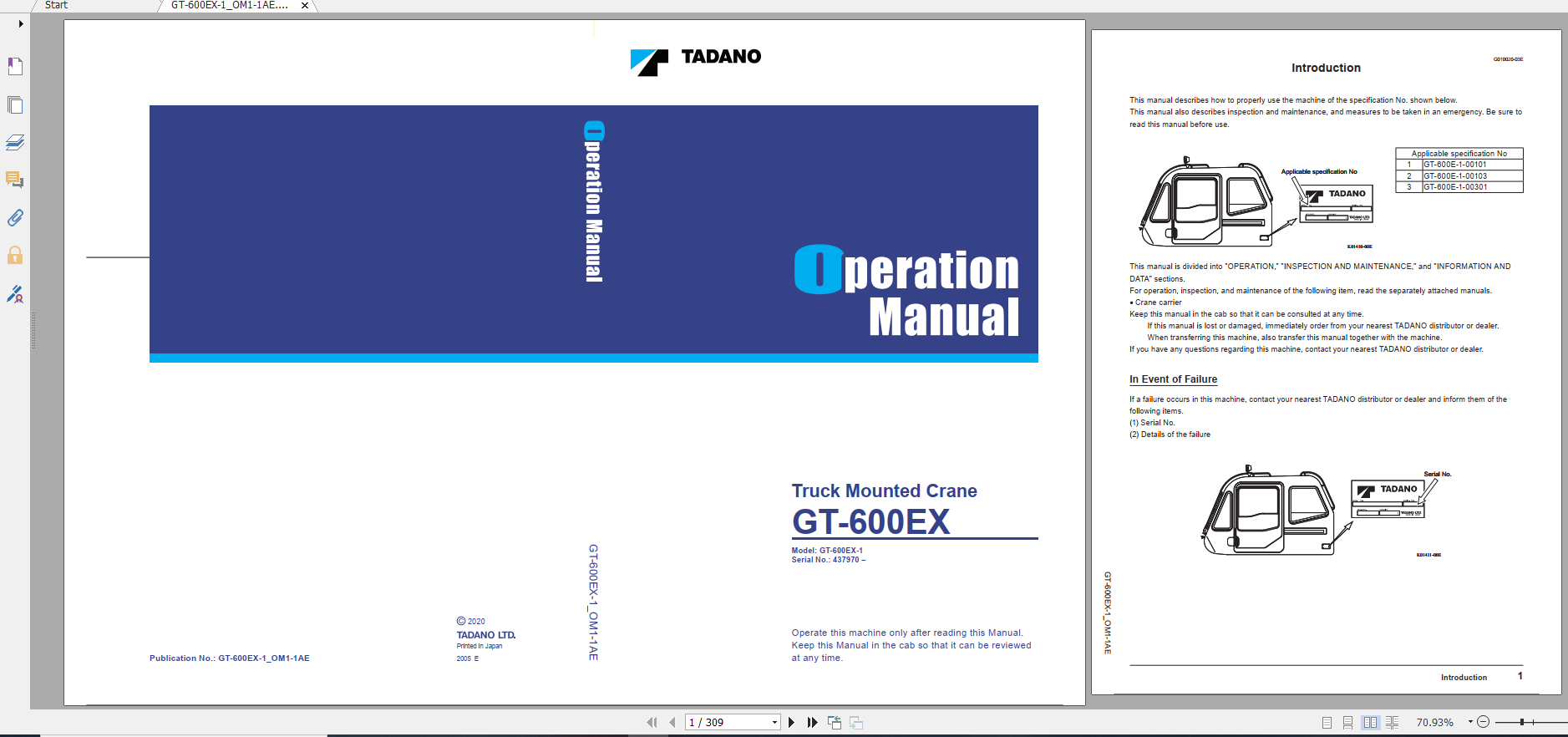 Tadano Truck Mounted Crane GT 600EX 1 GT 600E 1 00301Operation Maintance Manual 1