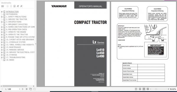 Yanmar Compact Tractor Lx410 Lx450 Lx490 Operators Manual 0A042 U00400 1