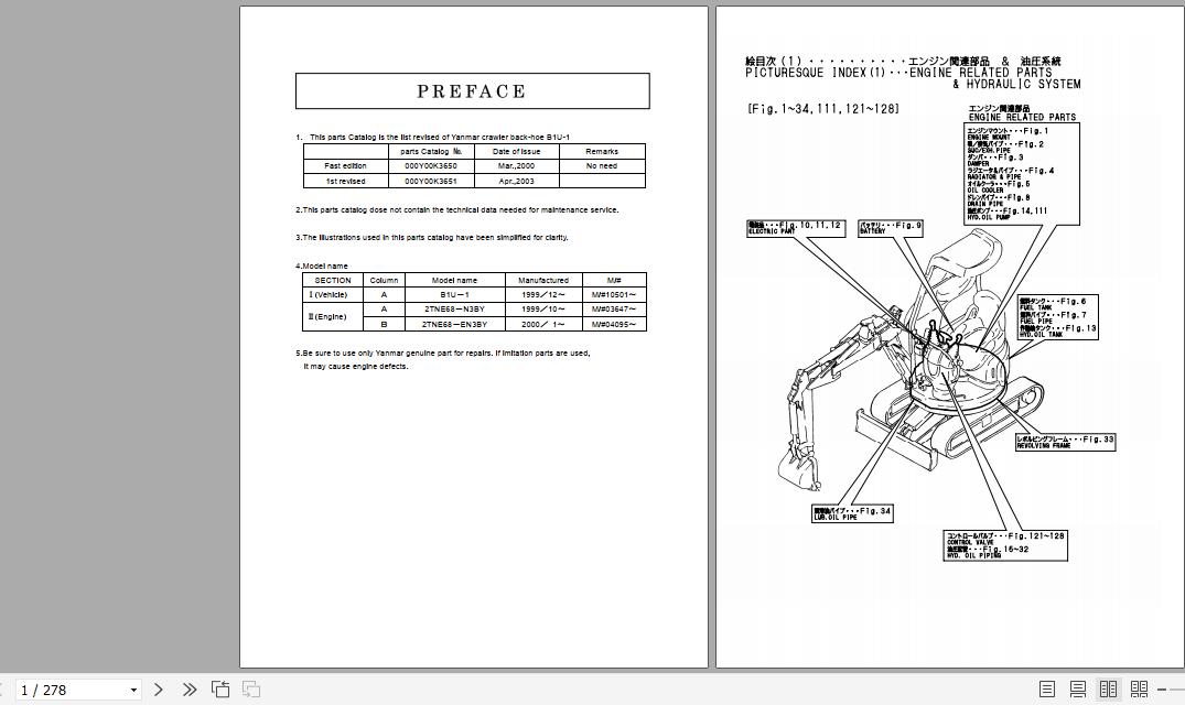 Yanmar Crawler Backhoe B1U 1 Parts Catalog Y00K3651 1