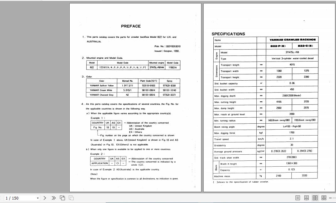 Yanmar Crawler Backhoe B22 UK Australia Parts Catalog Y00S3010 1