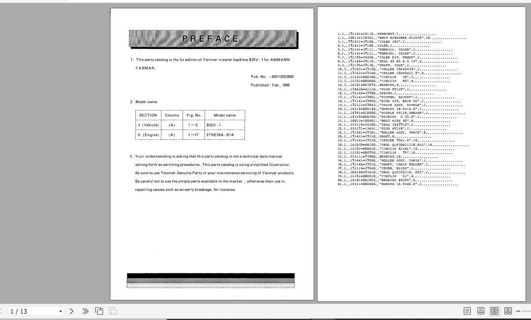 Yanmar Crawler Backhoe B25V 1 Ammann Parts Catalog Y00S3680 1