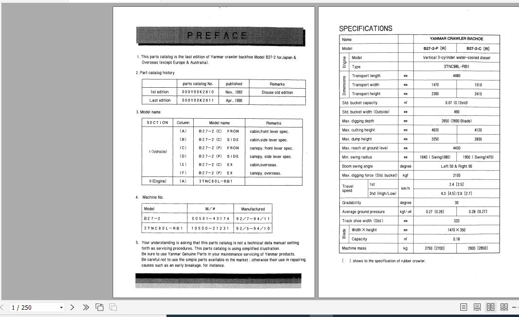 Yanmar Crawler Backhoe B27 2 Parts Catalog Y00K2811 1
