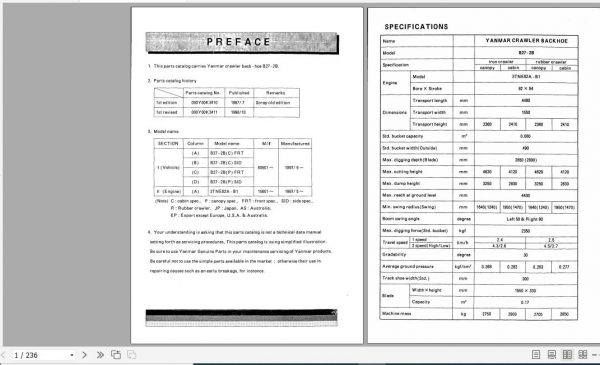 Yanmar Crawler Backhoe B27 2B Parts Catalog Y00K3411 1