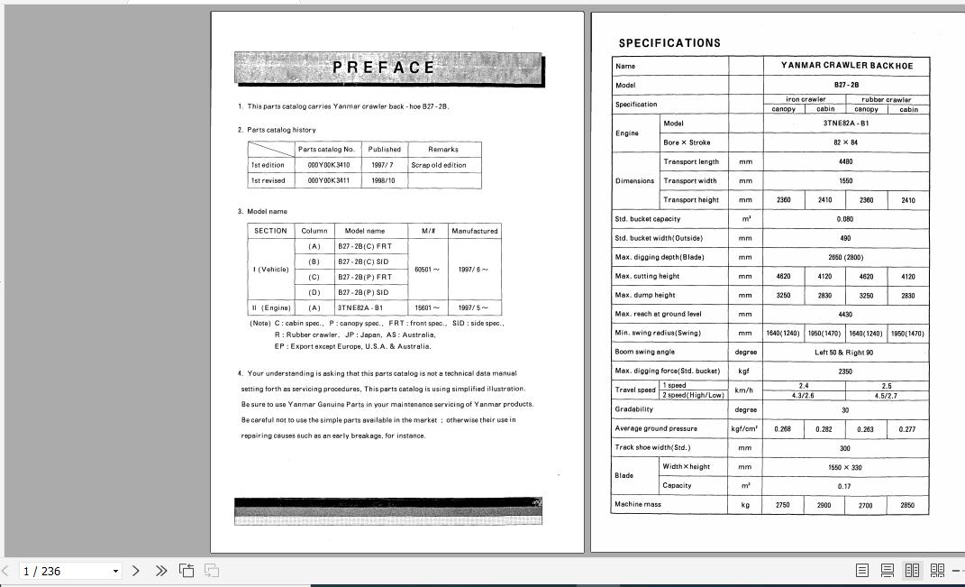Yanmar Crawler Backhoe B27 2B Parts Catalog Y00K3411 1