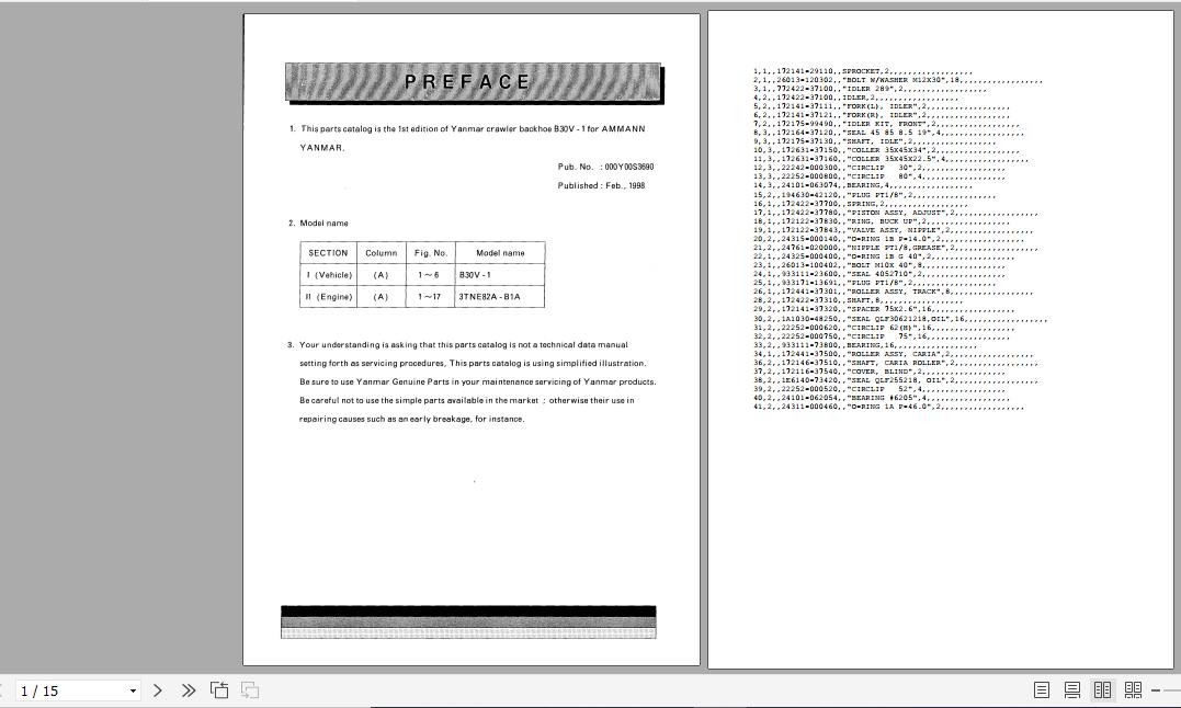 Yanmar Crawler Backhoe B30V 1 Ammann Parts Catalog Y00S3690 1