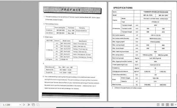 Yanmar Crawler Backhoe B37 2A Parts Catalog Y00K3251 1