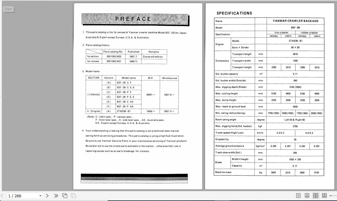 Yanmar Crawler Backhoe B37 2B Parts Catalog Y00K3421 1