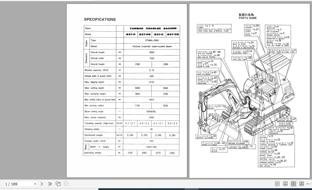 Yanmar Crawler Backhoe B37P B37PR B37C B37CR Parts Catalog