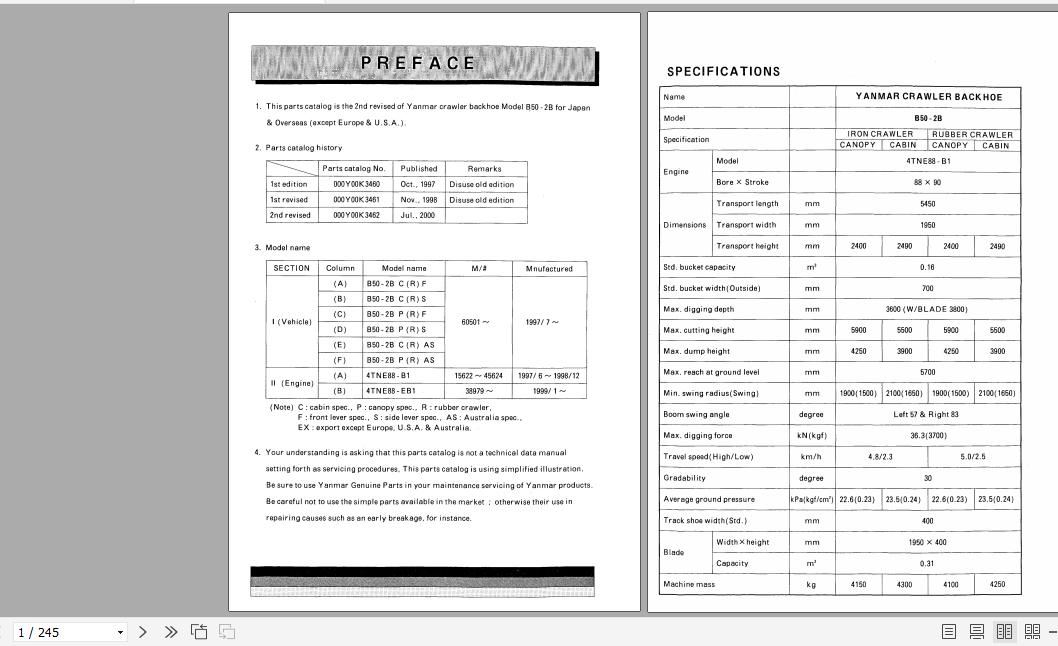 Yanmar Crawler Backhoe B50 2B Parts Catalog Y00K3462 1