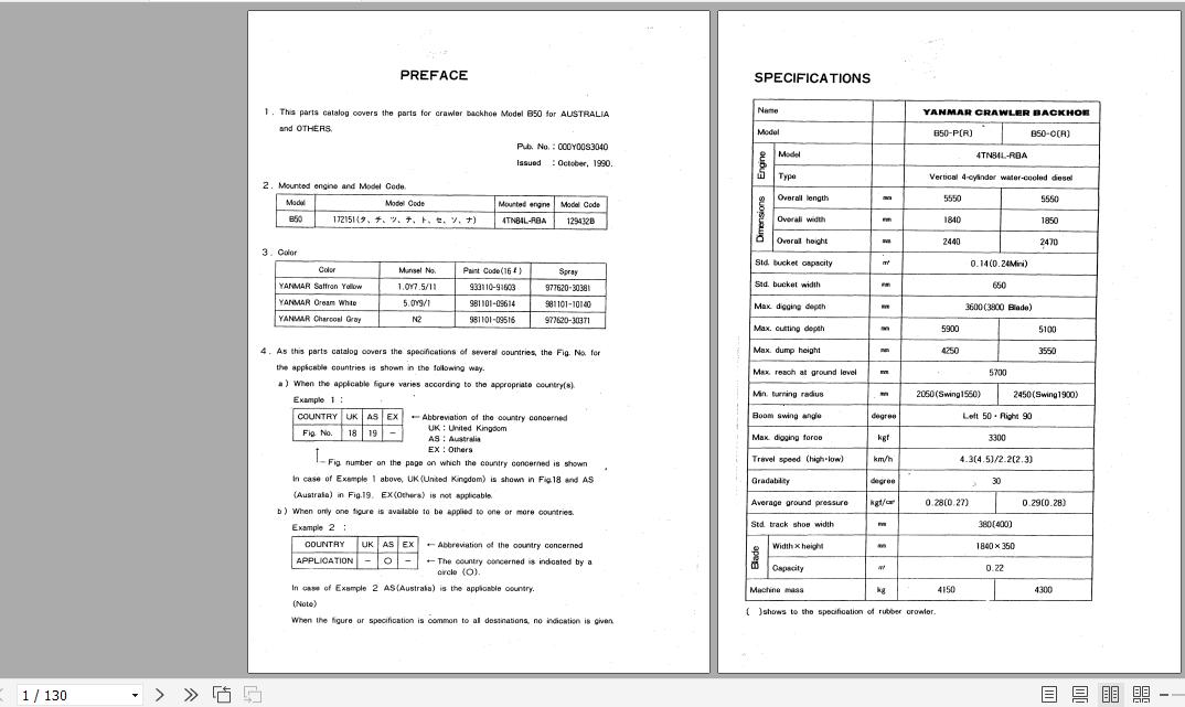 Yanmar Crawler Backhoe B50 Parts Catalog Y00S3040 1