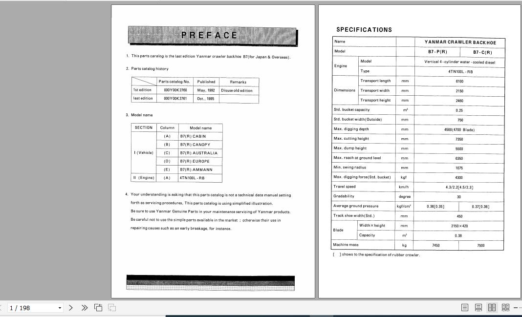 Yanmar Crawler Backhoe B7 Parts Catalog Y00K2761 1