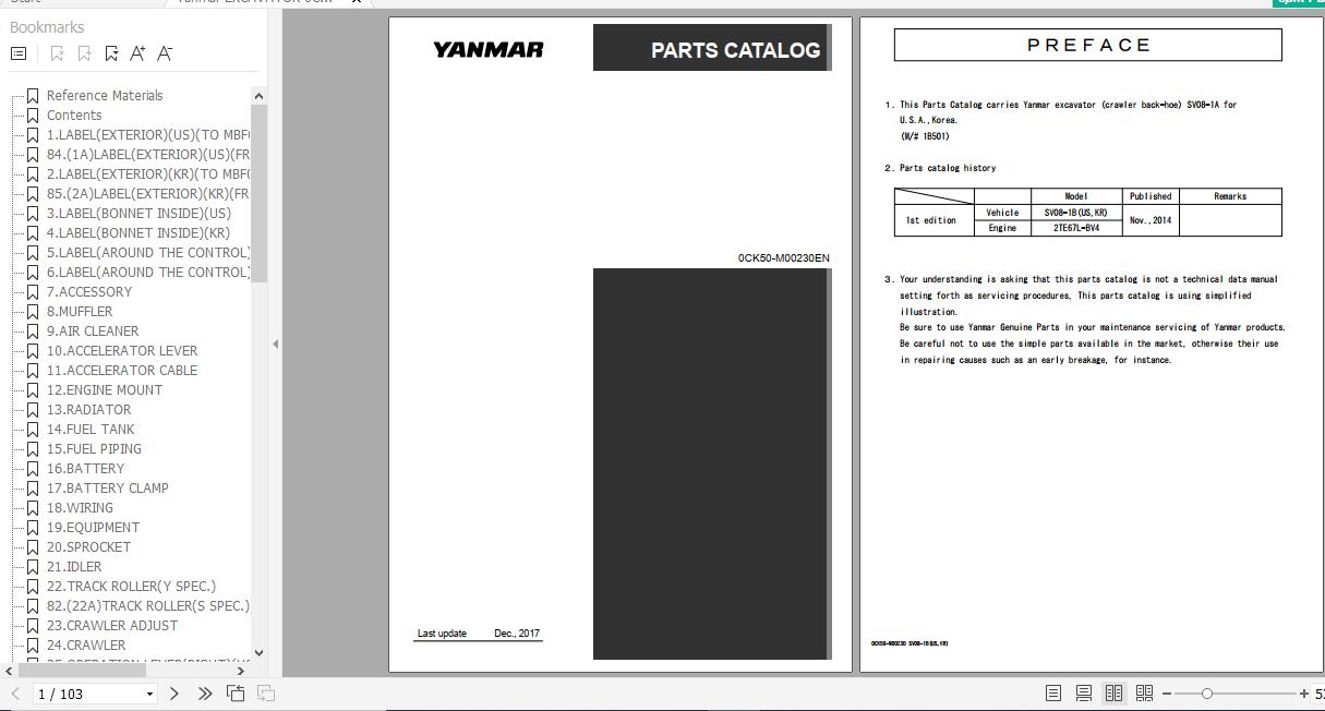 Yanmar Crawler Backhoe SV08 1A Parts Catalog 0CK50 M00230EN 1