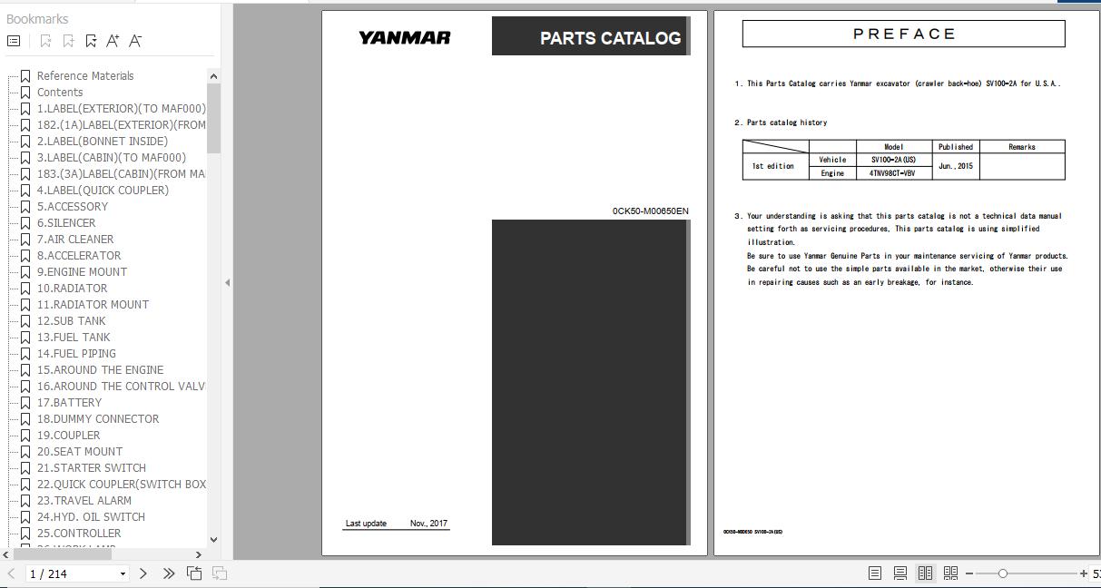 Yanmar Crawler Backhoe SV100 2A Parts Catalog 0CK50 M00650EN 1