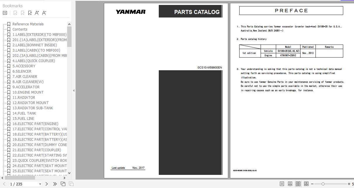 Yanmar Crawler Backhoe SV100 2B Parts Catalog 0CS10 M59900EN 1